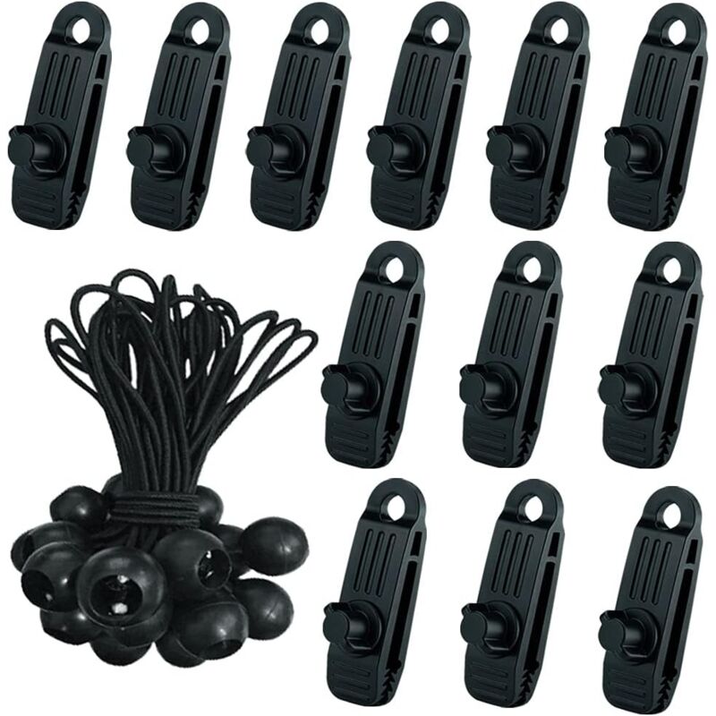 24 Stück Planen-Zelt-Clip mit 12 x Planenklemme und 12 x elastischem Seilspanner, Ösen-Clip für Camping-Planen-Zubehör für Zelte, Pool-Planen,