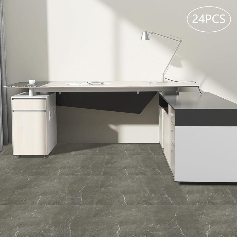 24 Stück PVC Bodenbelag Selbstklebend, 60 x 30 cm Vinylboden Selbstklebend Bodenfliesen Wasserdicht Fliesen für Wohnzimmer Küchen Büro (Grau)