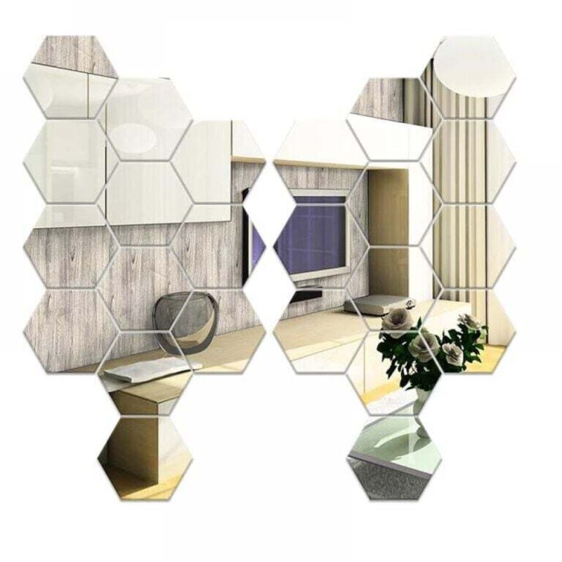 24 Stück sechseckige Wandspiegel, silberne selbstklebende Wandspiegel 126 × 110 × 63 mm, selbstklebende sechseckige Acryl-Wandspiegel für