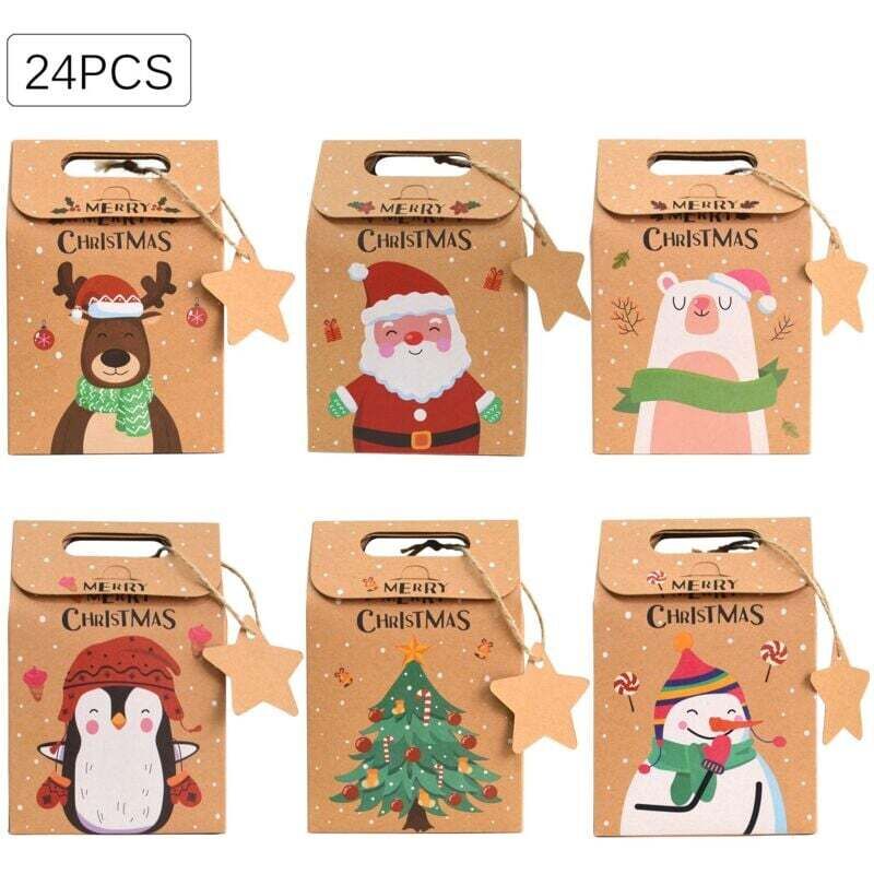 24 Stück Weihnachtsgeschenktüten (9,46 x 14 cm), Weihnachtsgeschenktüten aus Kraftpapier, Weihnachtsgeschenkboxen aus Kraftpapier,