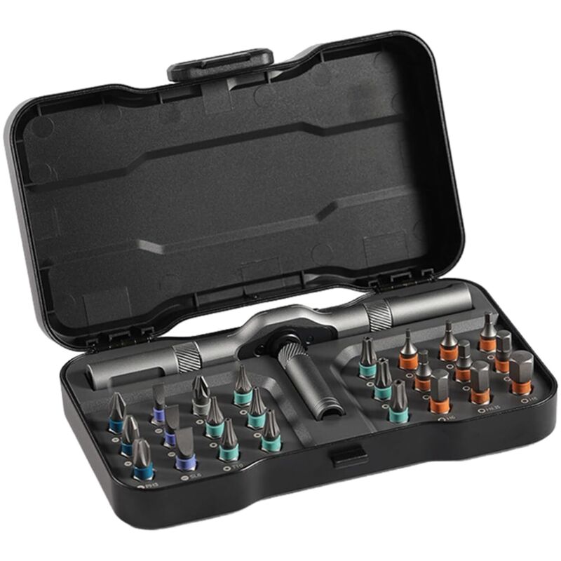 24-teiliges tragbares Ratschenschraubendreher-Set mit T-förmigem Griff und magnetischem Aufbewahrungskoffer für Möbel, Computer, elektronische
