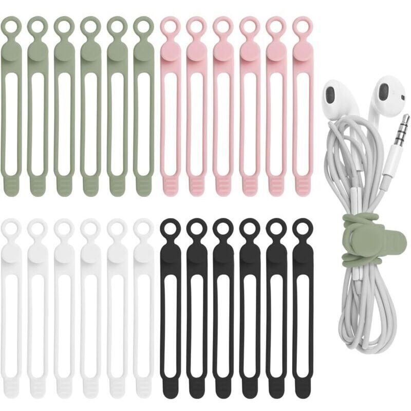 24er-Pack Silikon-Kabelbinder für Kopfhörer, Telefonladegeräte, Computer, wiederverwendbare Kabelbinder für Zuhause, Büro, Küche, Schule (4 Farben)