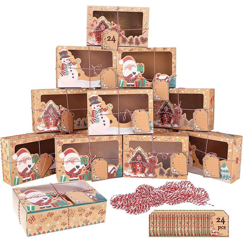24er-Pack Weihnachts-Geschenkboxen aus Kraftpapier mit Fenster, Weihnachtsgeschenkbeutel mit Kordelzug zum Verpacken von Geschenken, Süßigkeiten,