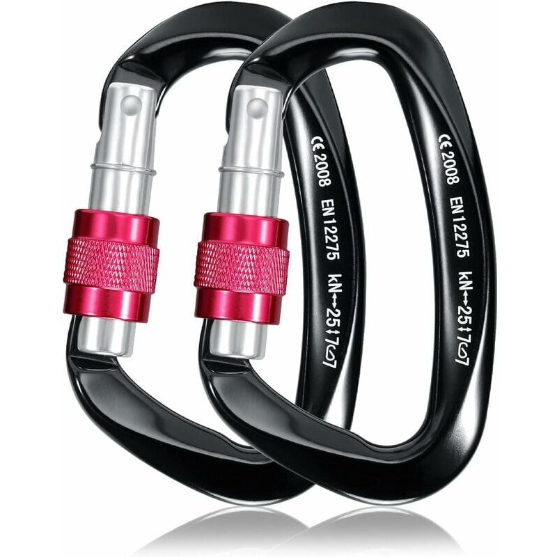 25 kN Kletterkarabiner, 2 Stück, robuster D-förmiger Sicherheitskarabiner aus Aluminium für Camping, Bergsteigen, Wandern, Rettung, Angeln, Abseilen,
