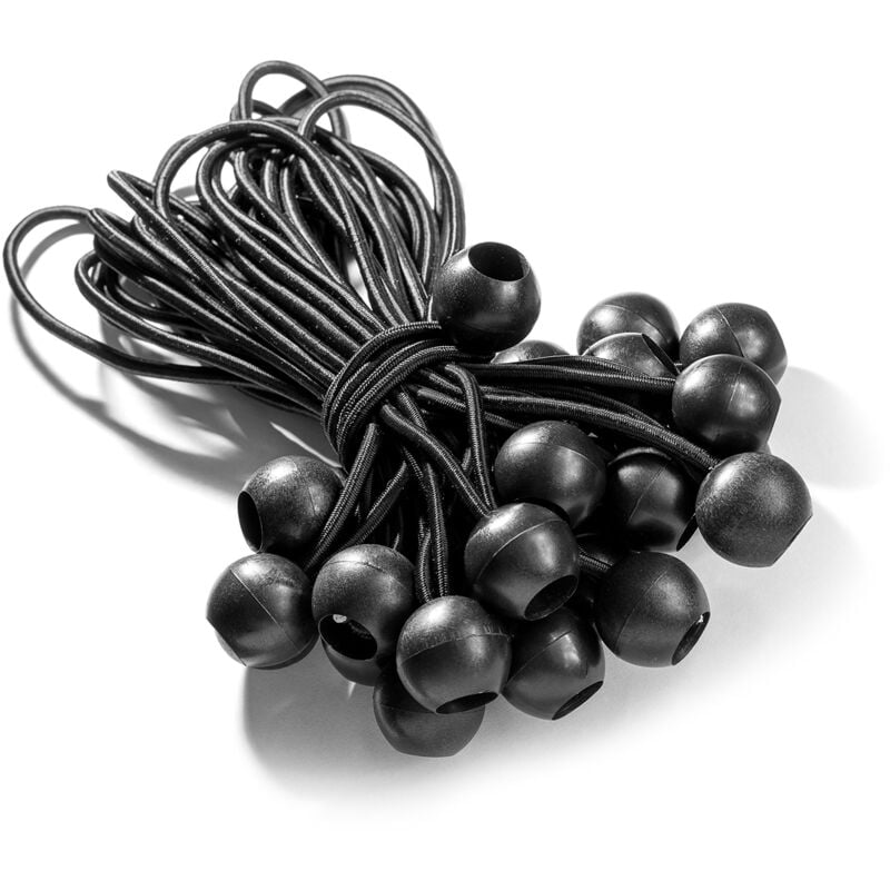 Aougo - 25 professionelle Gummi-Elastikspanner mit Kugel (schwarz 195 mm) für Zelte, Planen, Poster. Planenspanner, Gummiband, Planenstütze,