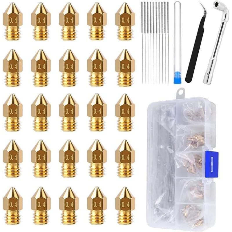 25 Stück MK8 Messingdüsen 0,4 mm, kompatibel mit Ender 3/Ender 5/CR-10, 3D-Drucker-Hotend-Ersatzkit