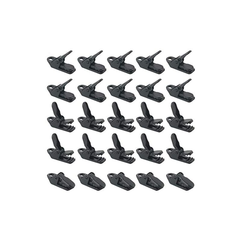 Aougo - 25 Stück/Beutel schwarze Zeltklemmen, winddichte Markisenklemmen, Kunststoff-Windseil, Markisen-Clip, Campingzelt sichert für den Außenbereich