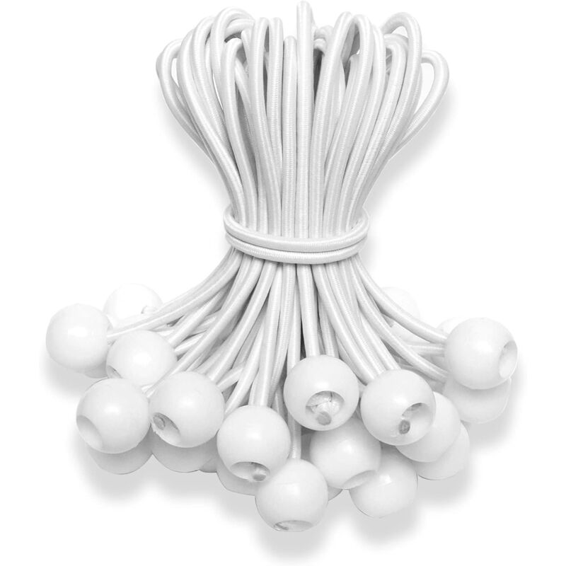 Aougo - 25er Set Gummispanner mit 20 cm Kugel, Gummispanner für Planen, Zeltspanner, Gummispanner, für Planen, Zelte, Banner, Netze, Pavillons, weiß