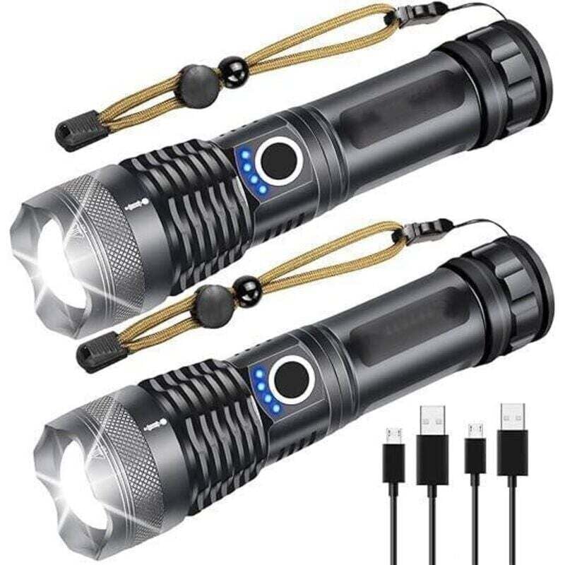 2er-Pack LED-Taschenlampe, XHP50 USB-wiederaufladbare Taschenlampe, IPX4 wasserdicht, 5 Leuchtmodi, Teleskop-Zoom-Taschenlampe für Camping, Wandern,