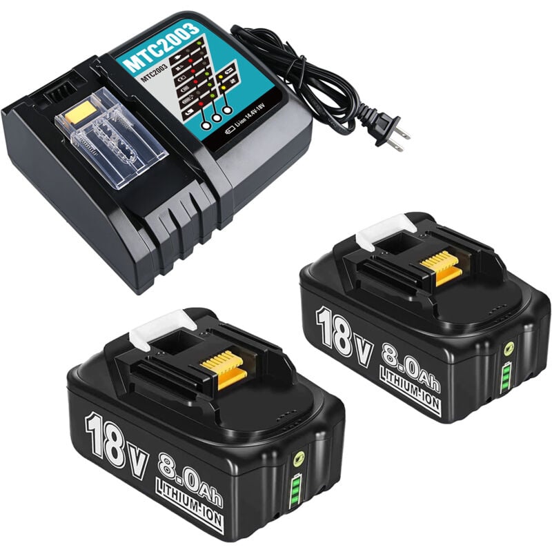 Pdstation - 2er-Pack Makita 18 v 8 Ah Ersatzakkus mit DC18RC-Ladegerät, kompatibel mit Makita 18 v Akkus BL1860 BL1820 1830B 1840B 1850B, passend für