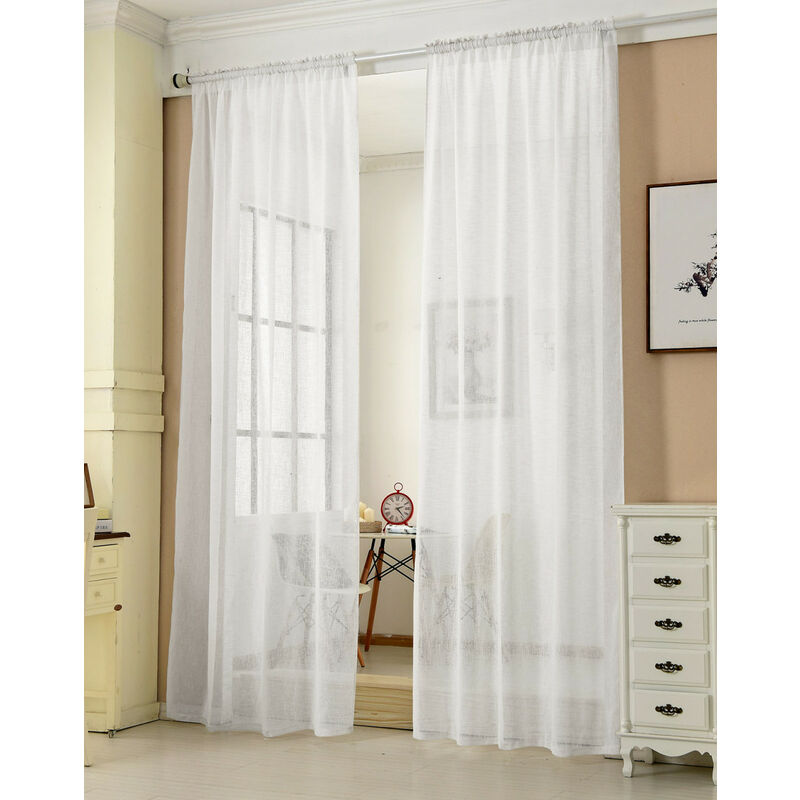 2er-Set Gardinen transparent mit Kräuselband Leinen Optik weiß 140x175 cm - Woltu