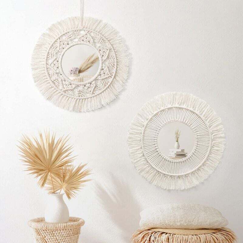 2er-Set Makramee-Wandspiegel, runde Wandspiegel mit Fransen, hängender Spiegel, Anhänger, Kunst-Ornament, Boho-Dekor für Wohnung, Zuhause,