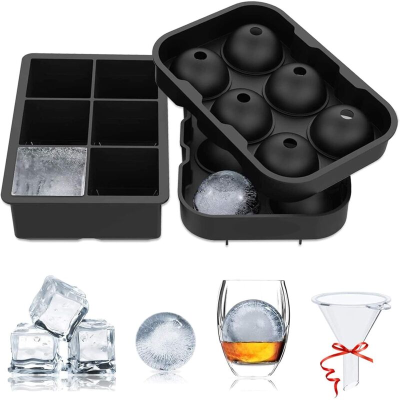 2er-Set Silikon-Eiswürfelformen, große und runde Eiswürfelform mit Trichter, BPA-frei, leicht zu entnehmende Eiswürfelform für Whisky, Cocktails,