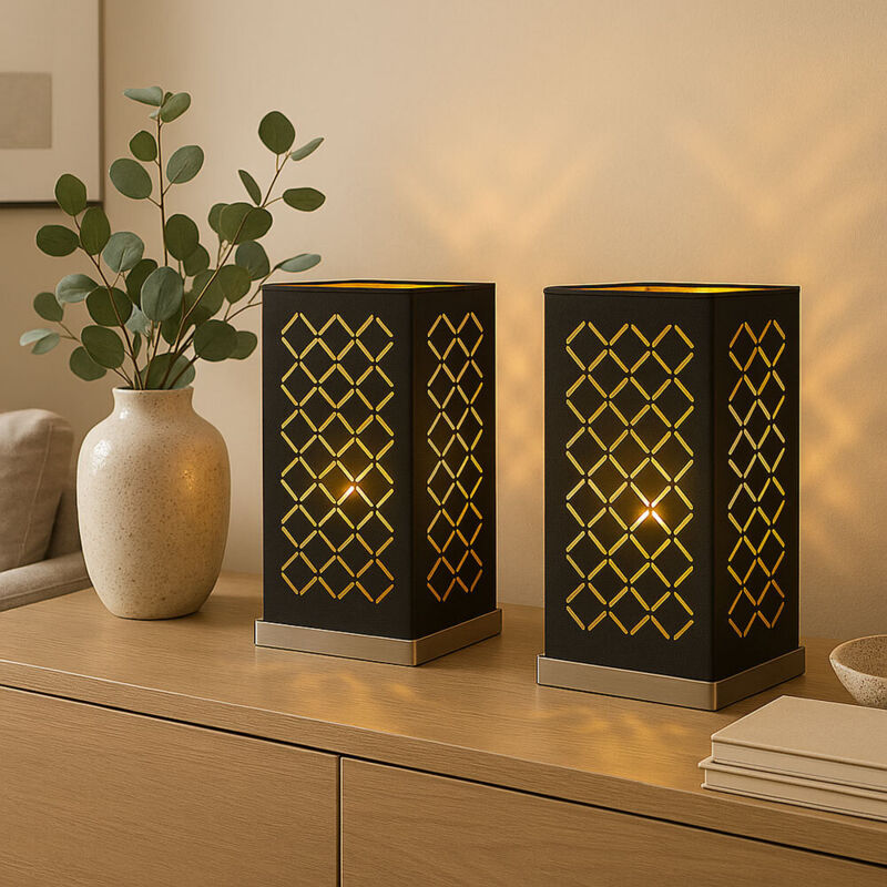 Etc-shop - 2er Set Tisch Leuchten Wohn Zimmer Beleuchtung Dekor Stanzungen Textil Lampen schwarz gold
