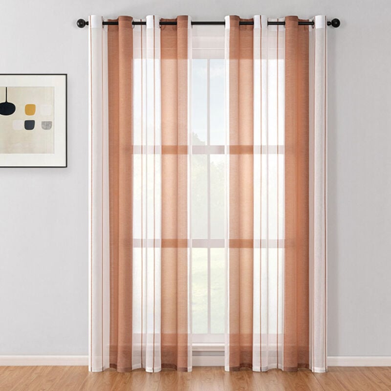 2er-Set Voile Gardinen Vorhang Halbtransparent Streifen Stores Schals mit Ösenschal Moderner Wohnstil für Dekoration Wohnzimmer Schlafzimmer -Curry