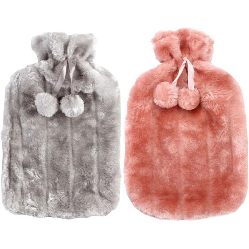2er-Set Wärmflaschen mit Pompons – großes Fassungsvermögen – Kunstfell – Kaninchenfell-Imitat – Winterdeko – Geschenke