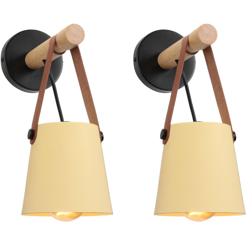 2er Wandleuchte aus Holz Innen, Moderne Wand Lampe mit Leder Lampenschirm, Eisen Wandbehang Lampe für Schlafzimmer Wohnzimmer Korridor (Gelb)
