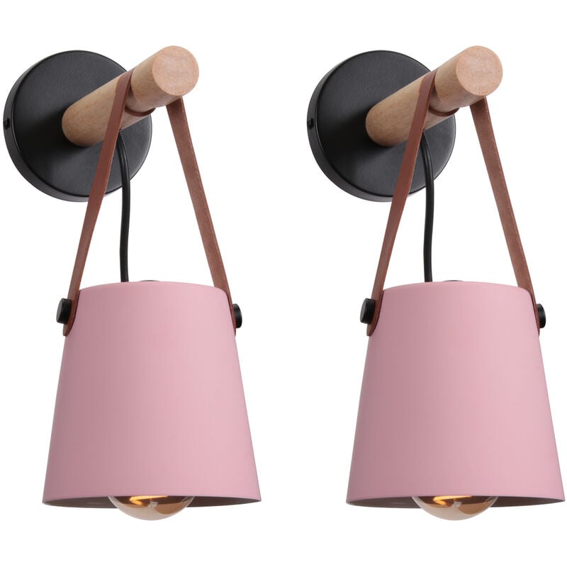 2er Wandleuchte aus Holz Innen, Moderne Wand Lampe mit Leder Lampenschirm, Eisen Wandbehang Lampe für Schlafzimmer Wohnzimmer Korridor (Rosa)