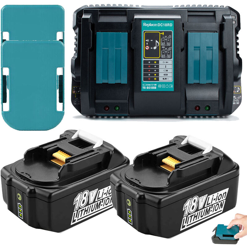 2X Akkus für Makita 18V 5,0Ah BL1850B led Ersatzakku mit 1X DC18RD Doppel-SchnellLadegerät und 2X Akkuhalterung Ersatz für Makita 18V Li-ion Akku