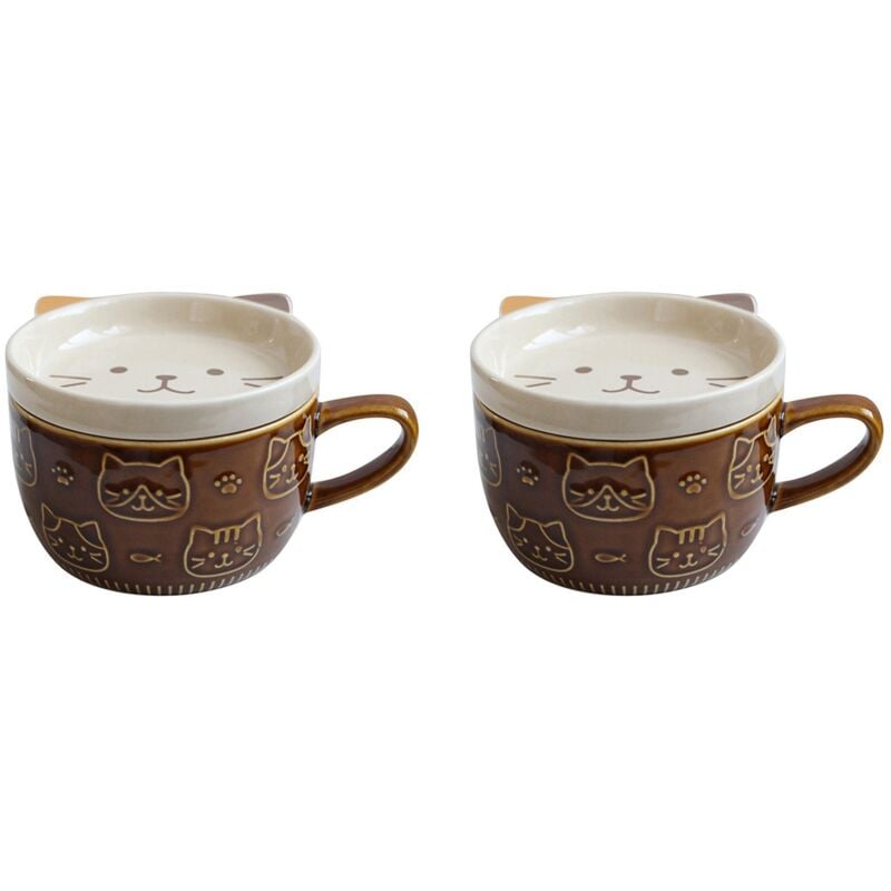 2X Kreative Keramik Kaffee Tassen mit Deckel, SüßE Katze, Porzellan Tassen, Familie, FrüHstüCk, Milch, Saft, GeträNke ()