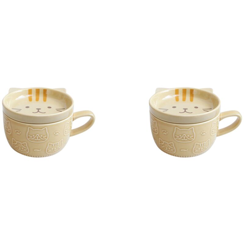 2X Kreative Keramik Kaffee Tassen mit Deckel, Süße Katze, Porzellan Tassen, Familie, Frühstück, Milch, Saft, Getränke (Gelb)
