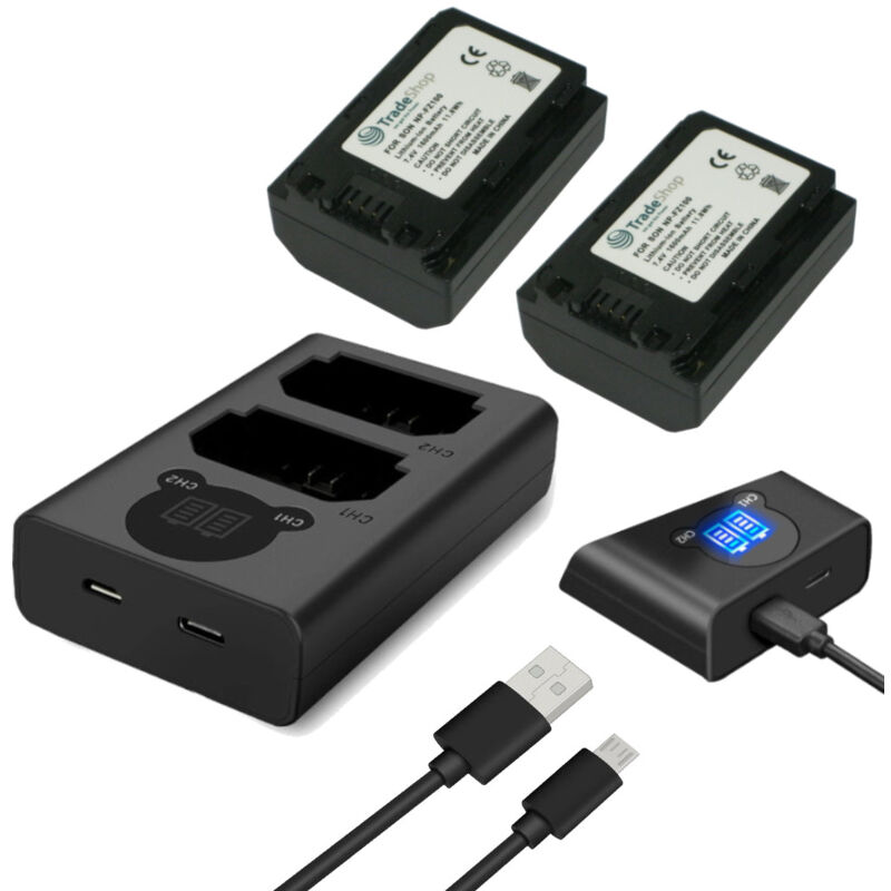 2x Trade-shop Akku ersetzt Sony NP-FZ100 1600mAh + Doppel-Ladegerät Dual Charger für Sony Alpha 7 III/Alpha 7R III/Alpha 9 usb 2 Akkus gleichzeitig