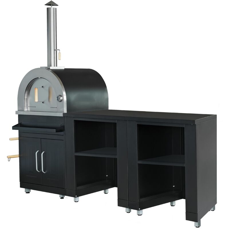 3-Elemente-Außenküche mit schwarzem Pizzaofen