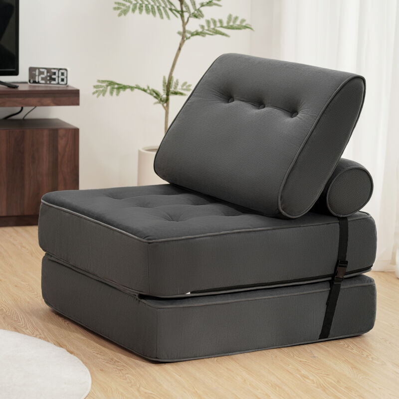 3-in-1 Faltbares Schlafsofa umwandelbarer Sofa / Bett, Schlafsessel mit Kissen, Komfortable Schlafcouch Bodensofa-Lounge 80cm, Grau