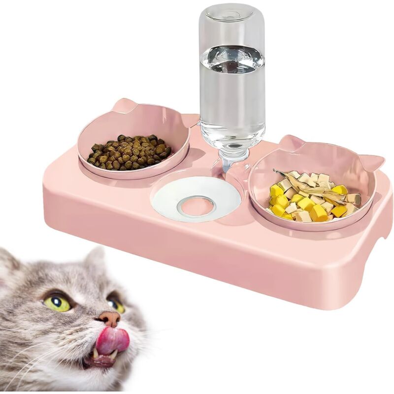 3-in-1-Katzennapf, Katzenfutterspender, Katzennapf, Hundenapf, Katzenfutter- und Wasserspender, Doppel-Hundenapf, Katzenfutterspender (Pink)
