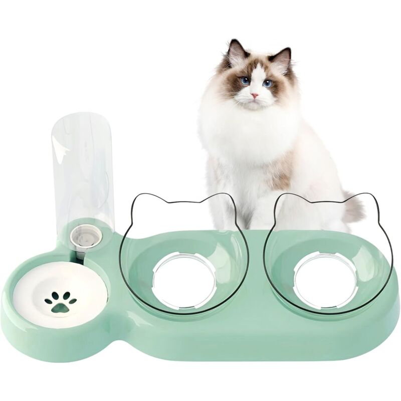 3-in-1 Katzennapf-Set, erhöhter & doppelter Napf mit Wasserspender, 15° geneigter Anti-Brech-Napf für Katzen & Hunde, Trockenfutter- & Wasserspender