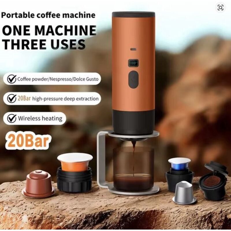 3-in-1 Tragbare Kaffeemaschine mit Tasse – 1 Tasse – Orange – Wiederaufladbar, ideal für Reisen – 12-V-Espressomaschine für Kapseln und gemahlenen
