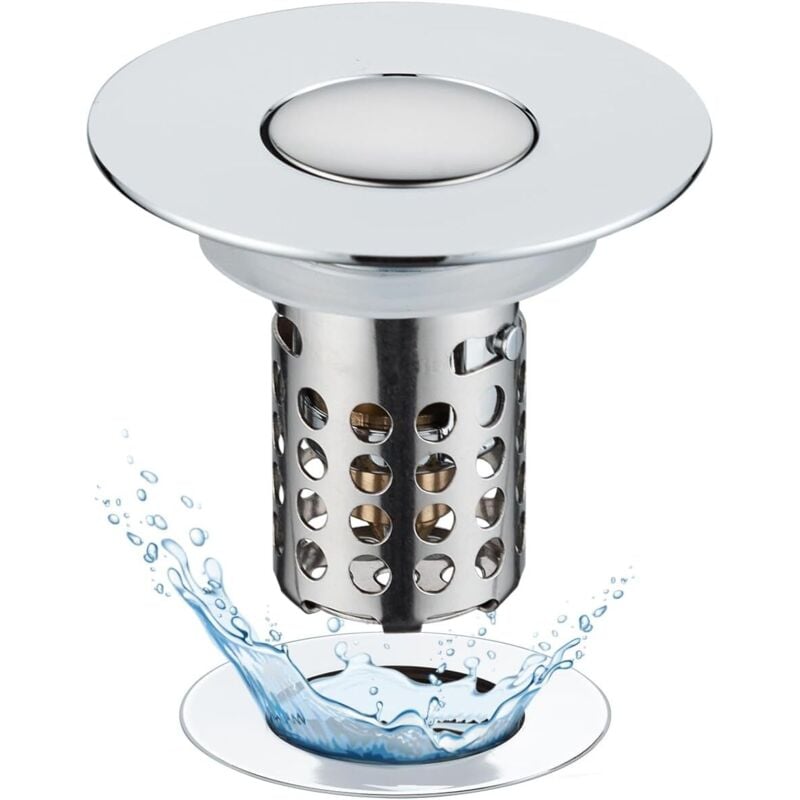 3-in-1-Waschbeckenablauf mit Pop-up-Ventil, herausnehmbarem Edelstahl-Sieb und Filterkorb – passend für Waschbecken von 28 bis 58 mm Durchmesser