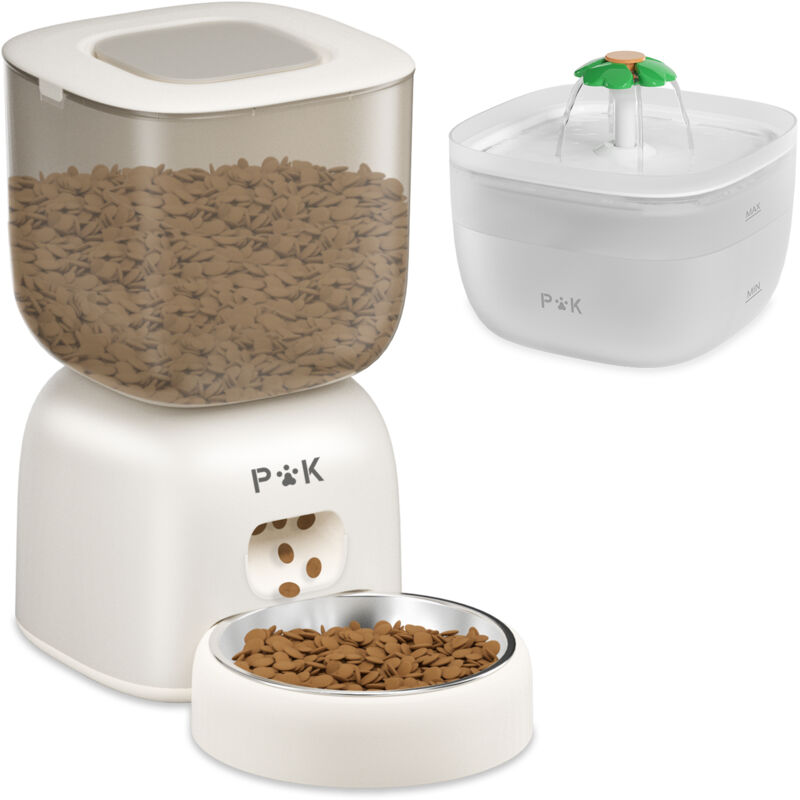 3 L Futterspender mit 2 L Katzenbrunnen, weiß Futterautomat, Akku bis zu 180 Tage, 10-Sekunden-Stimme