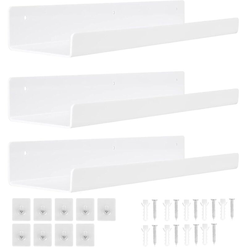 3 Packungen weißes Wandregal ohne Bohren, 38 cm Acryl-Wandregal, Wandmontiertes Schweberegal, Badezimmer, Schlafzimmer, Wohnzimmer, Küche,