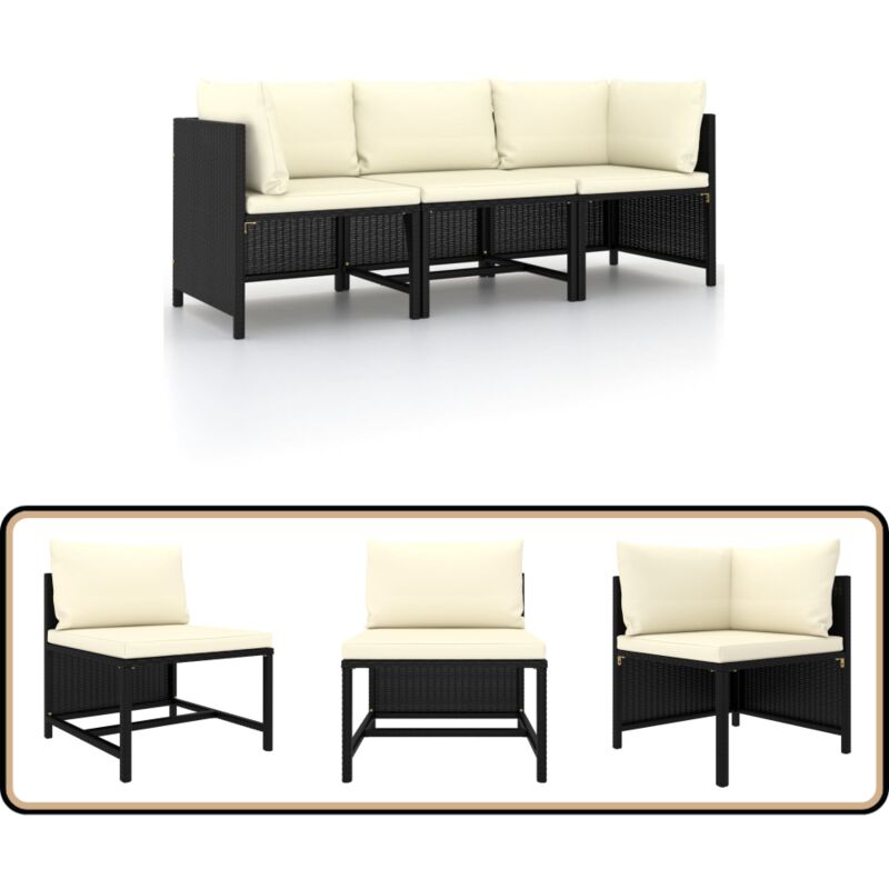 3-Sitzer-Gartensofa mit Auflagen Schwarz Poly Rattan - Outdoor Möbel - Gartenmöbel - Eckbank - Rattan Gartenmöbel - Balkonmöbel