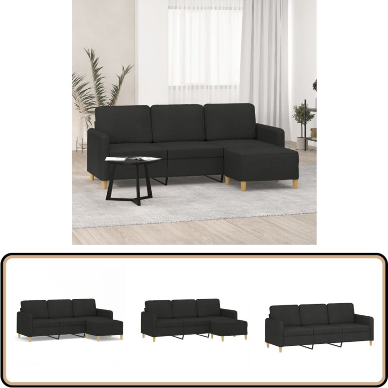 3-Sitzer-Sofa mit Hocker Schwarz 180 cm Stoff - 3-Sitzer-Sofa - Schwarzes Sofa - Gemütliches Sofa - Modernes Sofa - Lounge Möbel