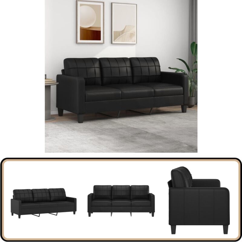 3-Sitzer-Sofa Schwarz 180 cm Kunstleder - 3-Sitzer-Sofa - Schwarzes Sofa - Ledercouch - Wohnzimmersofa - Modernes Sofa