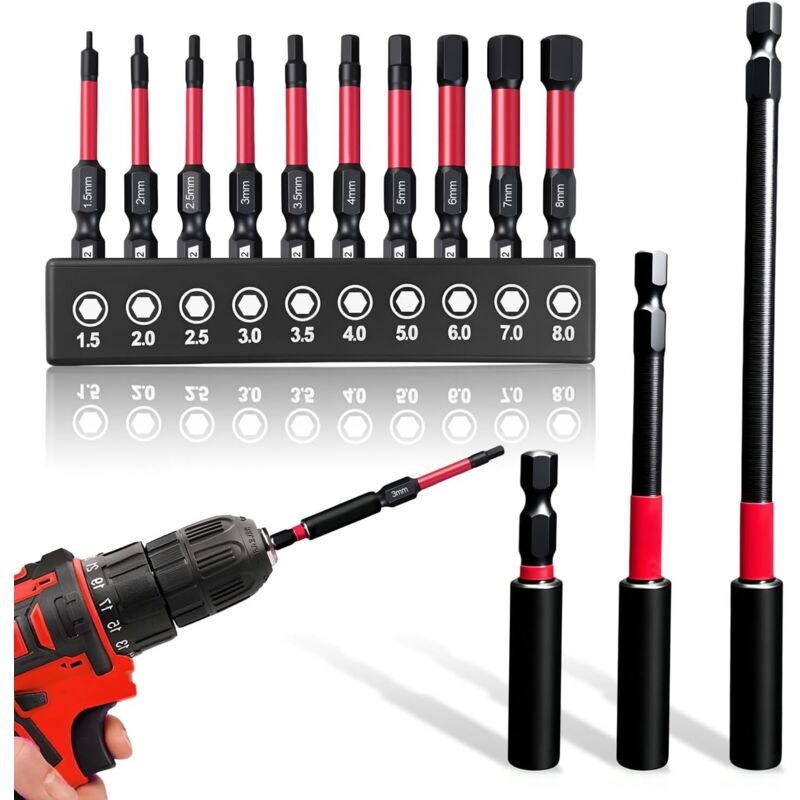 3 Stück Bithalter Magnetisch mit 50 mm Inbus Bit Set 1/4 Zoll Bit Verlängerung 60, 100, 150 mm aus S2-Stahl Passend für Akkuschrauber, Bohrmaschine,