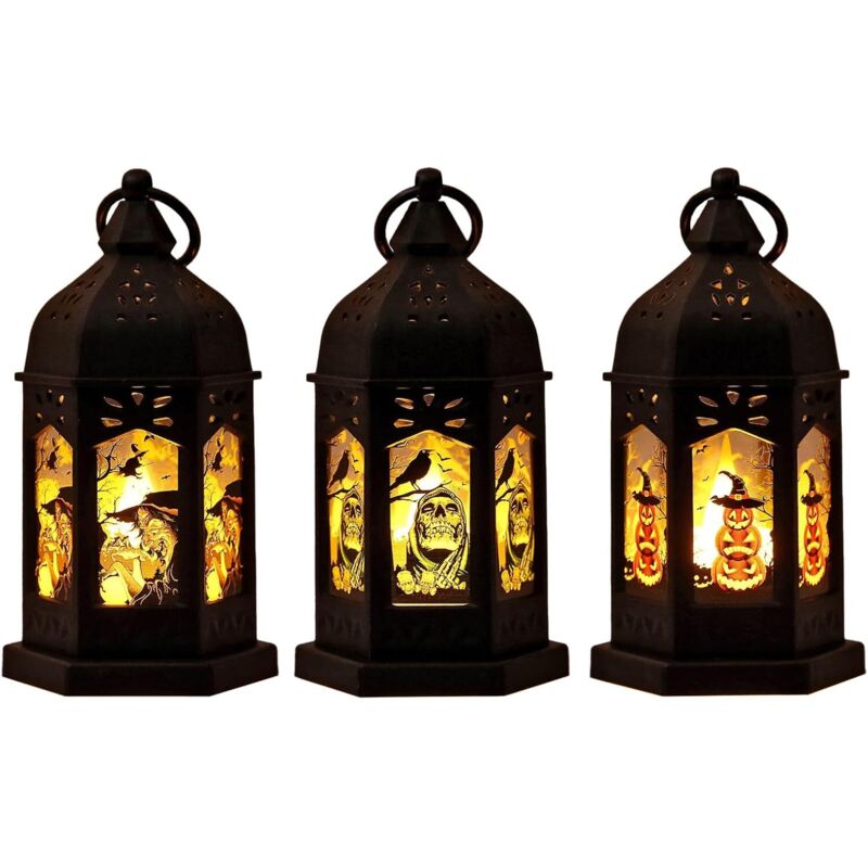 3 Stück Halloween-Kerzenlaternen, LED-Hängelaterne, tragbare batteriebetriebene Lampe, Halloween-Party-Dekoration