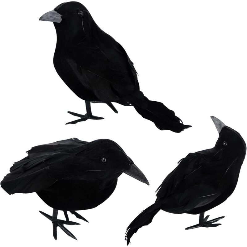 3 Stück Halloween Krähen Künstliche Gefiederte Krähen Realistische Raben Vögel Dekorationen Gespenstische Schwarze Feder Krähe Vogel für Halloween