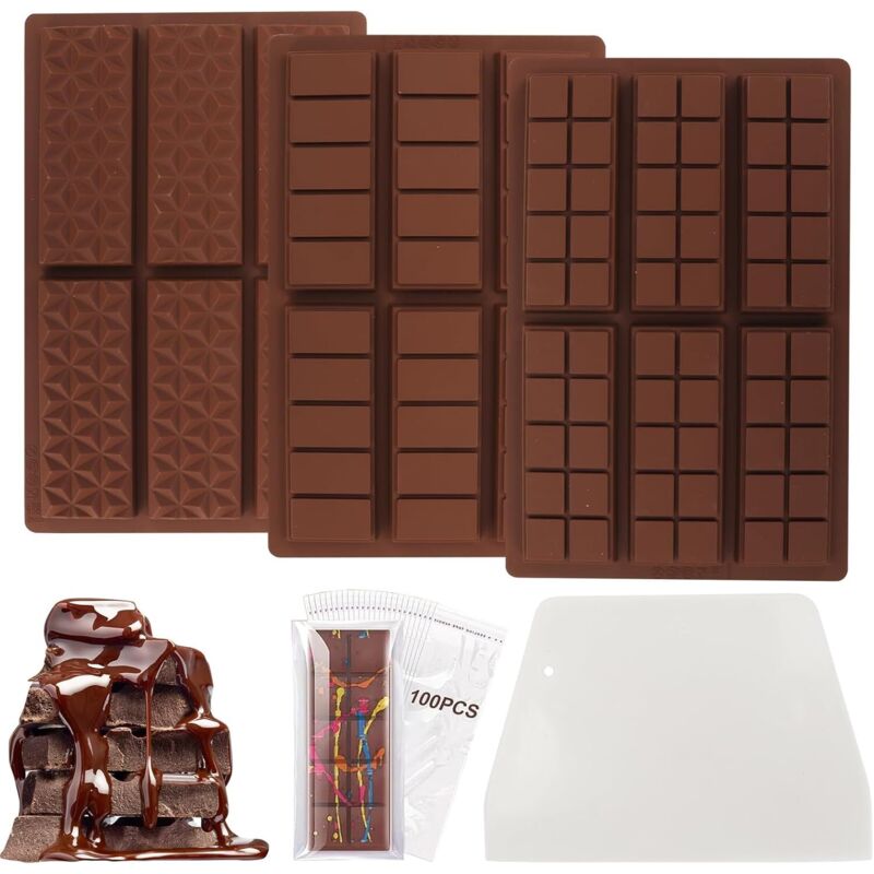 3 Stück Schokoladenform Silikon 6 Mulden Schokoladenform,Schokoladenformen Dubai Schokolade,Schokoladenform Tief Mit Abstreifer und 100 Stück