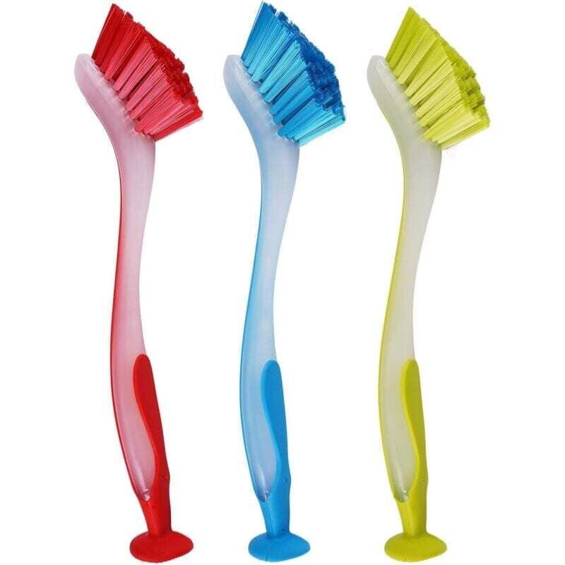 3 Stück Spülbürsten mit Saugnapf, 26 × 3,5 cm Küchenschrubber mit Saugnapfbasis, Borsten-Reinigungsbürsten für Töpfe, Pfannen, geflieste Wände