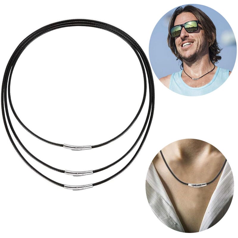 3 Stücke Lederkette Damen 3mm Schwarz Kunstleder Halskette Geflecht Edelstahl Verschluss Wachs Lederkette für Damen und Herren, Lederkette Mit
