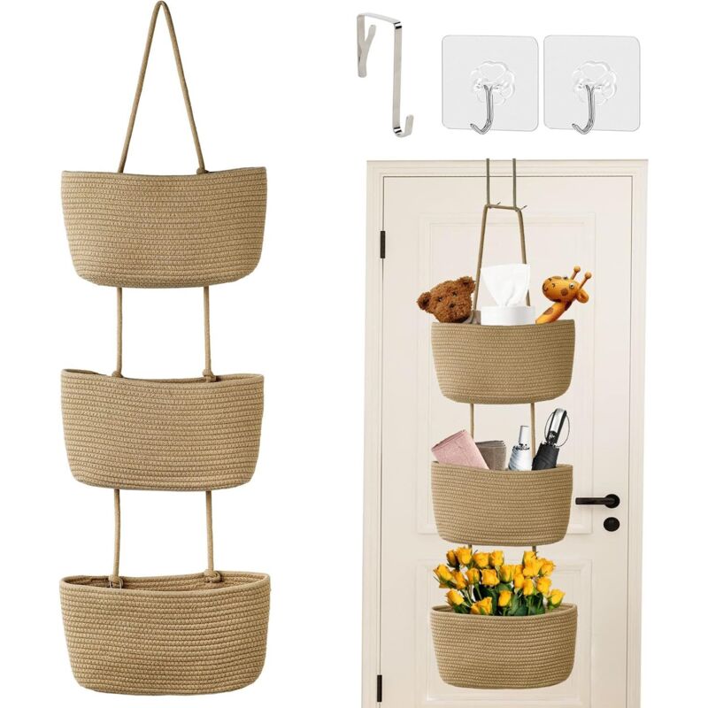 3-stufiger Türhänger aus gewebtem Seil zur Wandmontage, Aufbewahrung aus Baumwollstoff, Aufbewahrung hinter der Tür