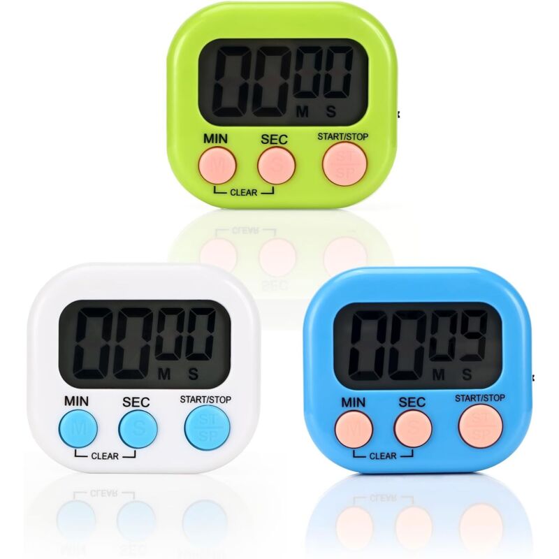 3-teiliger magnetischer Küchentimer, faltbarer Ständer, geeignet zum Kochen, Backen, Sport und Lernen, mit 3 Farben, Stoppuhr mit großem LCD-Display