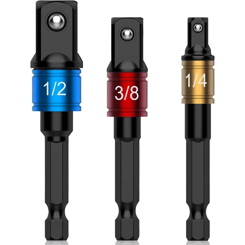 3-teiliger Steckschlüsseladapter für Bohrmaschine und Schlagschrauber – 1/4 Zoll, 3/8 Zoll, 1/2 Zoll Adapter für Elektrowerkzeuge,