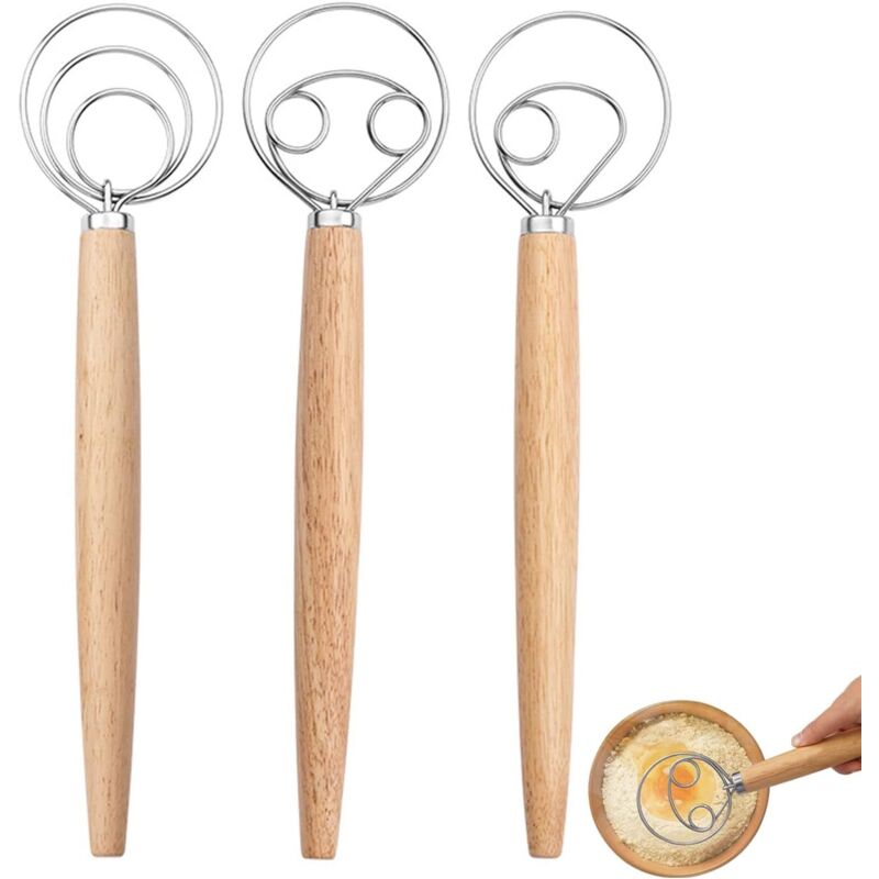 3-teiliger Teigbesen, dänischer Teigbesen, Mixer mit Holzgriff, Handteigmixer aus Edelstahl, für Brot, Gebäck, Pizzateig (3 Größen enthalten)