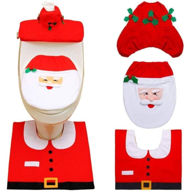 3-teiliger Weihnachts-Toilettensitzbezug, Weihnachtsdekoration, Toilettensitzbezug für Tank und Badezimmerteppich-Set, Dekoration, Party-Dekoration