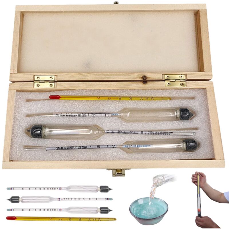 3-teiliges Alkohol-Hydrometer, 0–100, genaues, abgestuftes Alkoholmessgerät, Proof-Alkoholtester mit Thermometer und Holzbox, Hydrometer für Wein,