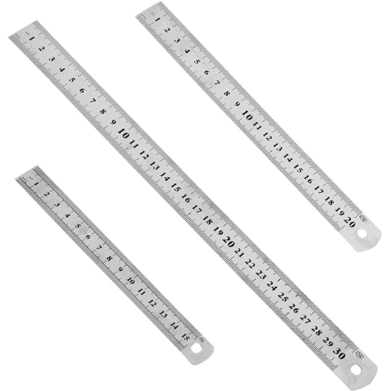 Fitags - 3-teiliges Edelstahllineal, Präzisions-Lineal aus Metall, gerades Lineal-Set, 15 cm (6 Zoll), 20 cm (8 Zoll), 30 cm (12 Zoll), silbernes